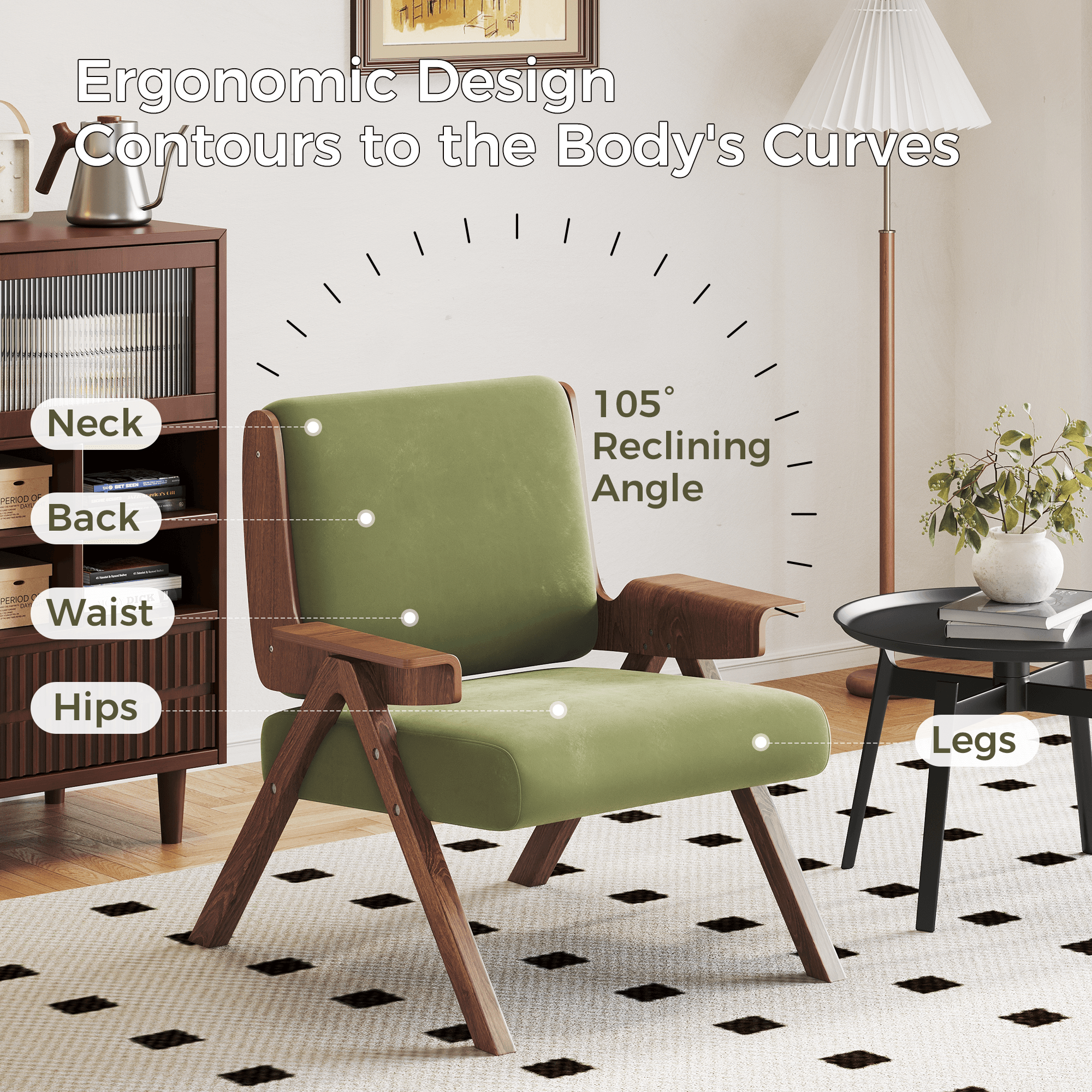 Comfortable upholstered velvet leisure chair with armrest for stylish seating