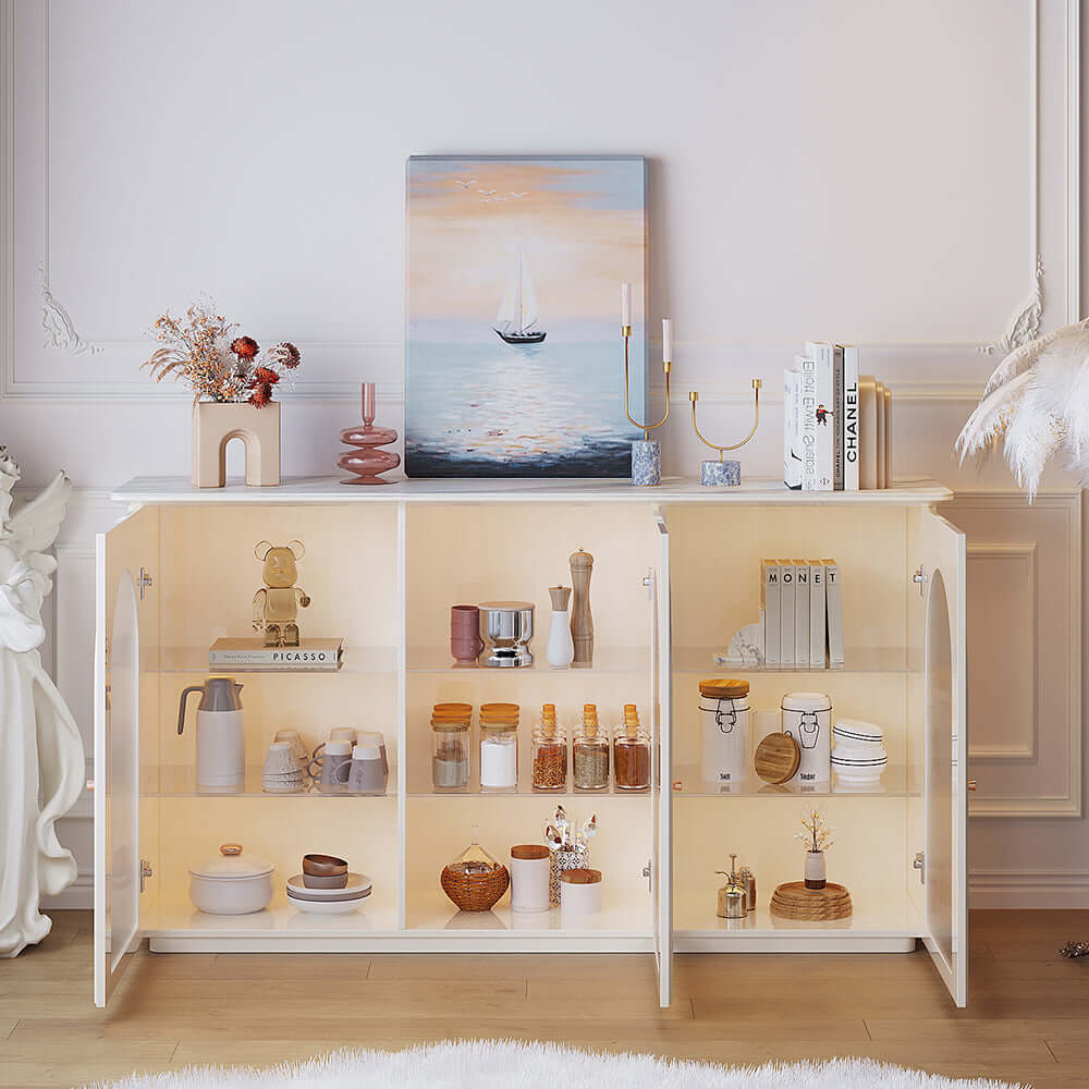 Beige side cabinet with large storage space, measuring 62.99 inches