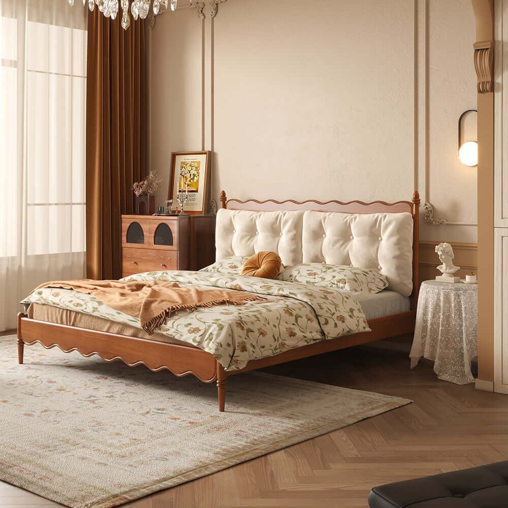 Vintage solid wood master bed featuring an elegant upholstered headboard for classic bedroom style