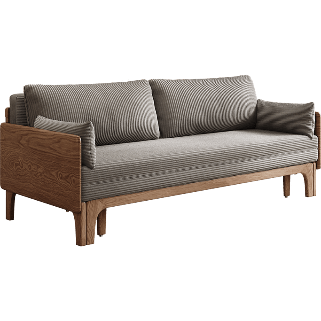 Gray corduroy sofa bed with durable ash wood frame, foldable design ideal for small spaces