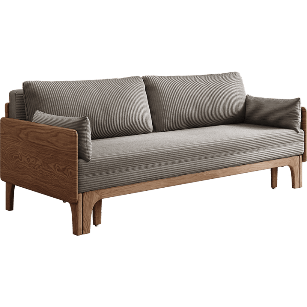 Gray corduroy sofa bed with durable ash wood frame, foldable design ideal for small spaces