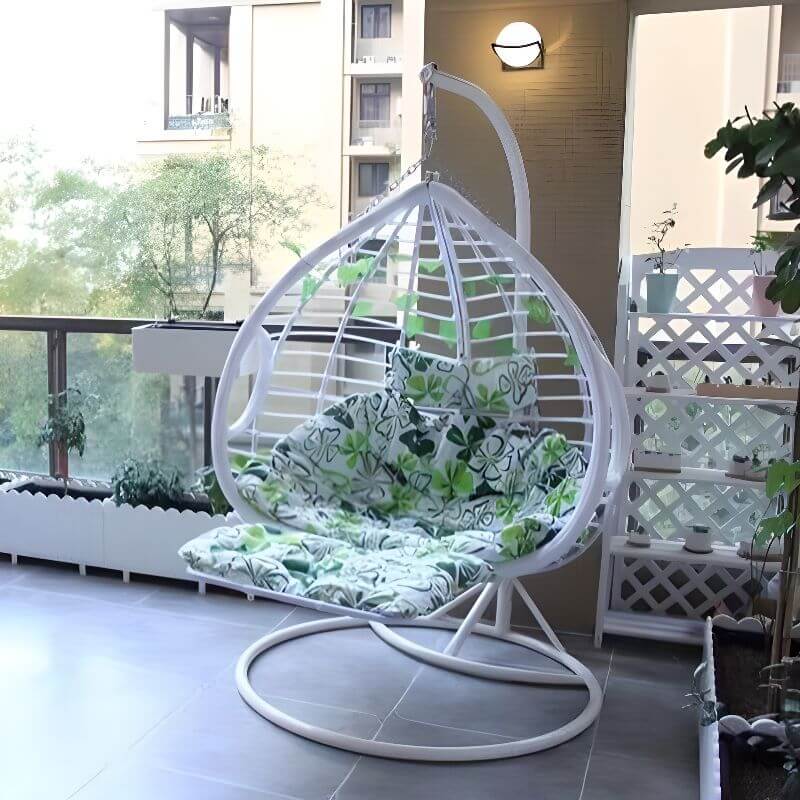 Two-seater metal porch swing egg chair with stand, cushions, and chain included main product image Main image