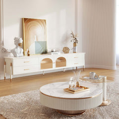 Modern Beige TV Stand Glass Door Media Console with LED Light & 4 Drawers Storage