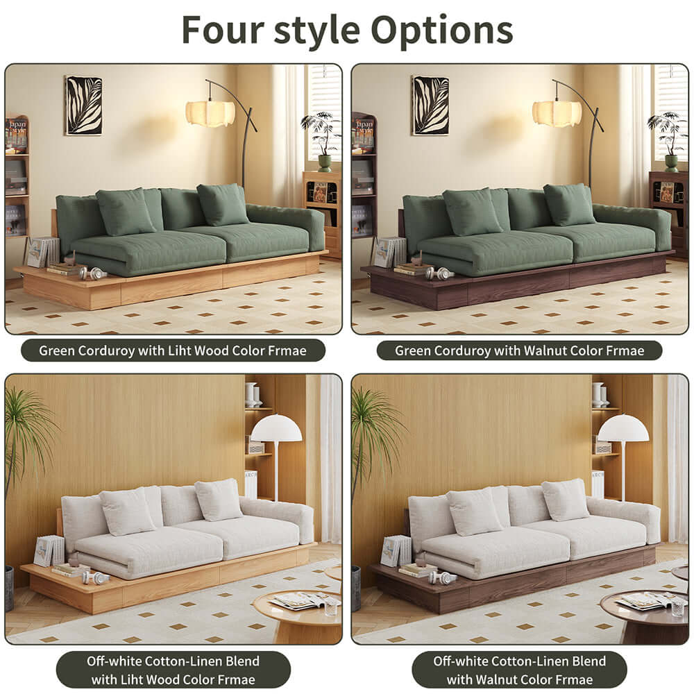 Cocochairs Floor Platform Wood Frame Sofa Bed – Reversible Armrests, Corduroy or Linen-Blend Upholstery