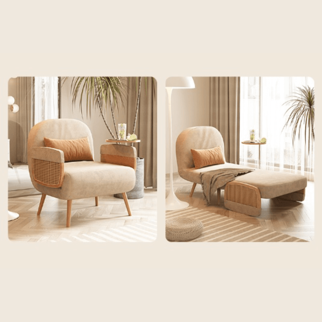 MidCentury modern single sofa bed with rattan, convertible folding daybed and lounge chair