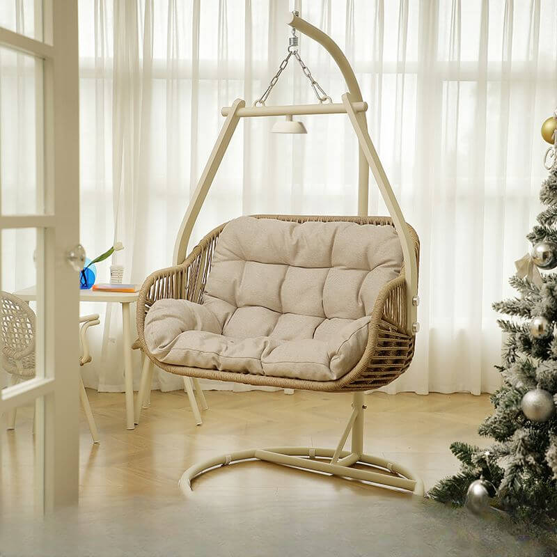 Tropical cocoa and cream upholstered porch swing with alloy frame, stand, and chain included