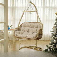Tropical Cocoa/Cream/Chalk Alloy Frame Upholstered Porch Swing with Stand and Chain, Stand Included Porch Swings