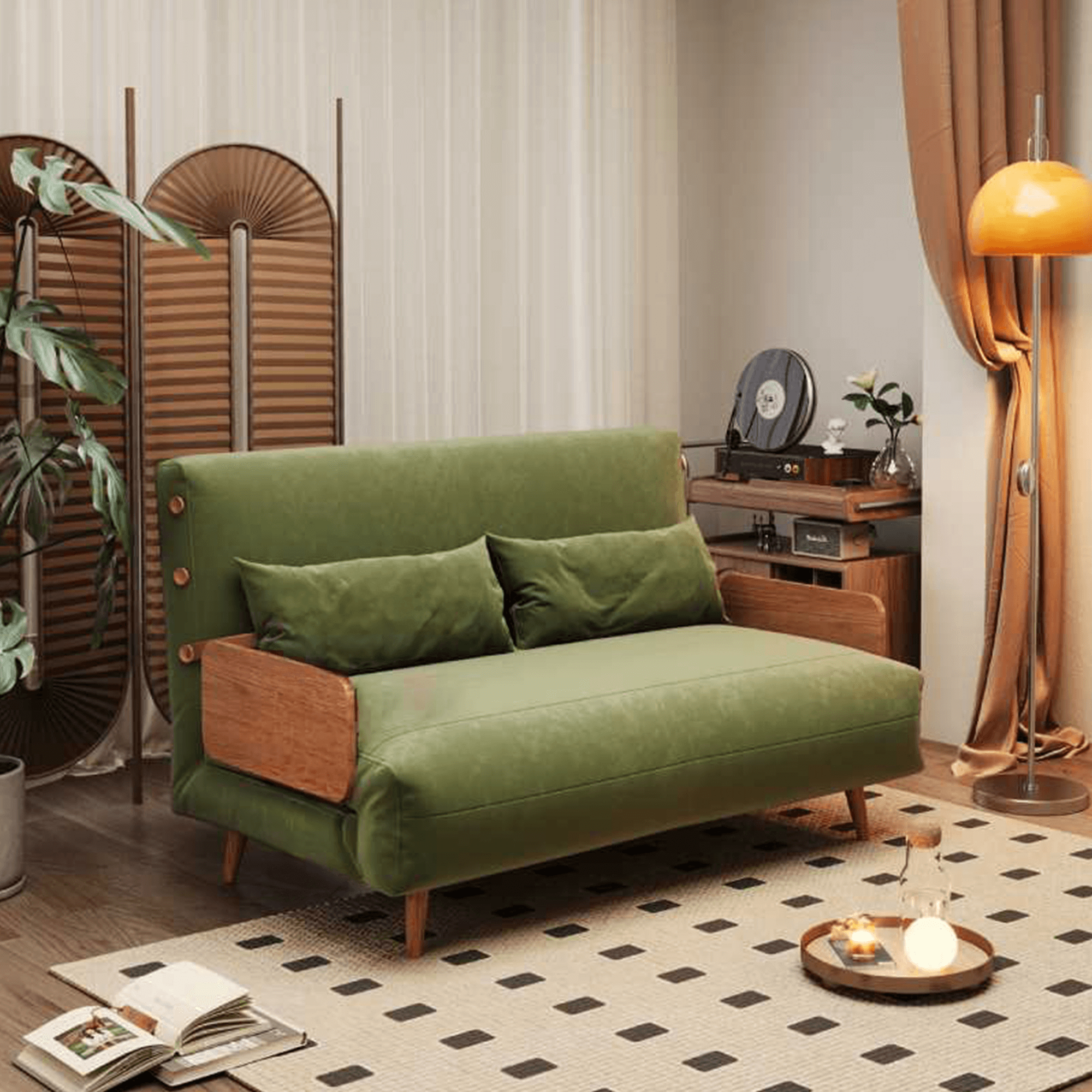 Beige and brown convertible foldable sofa upholstered in tech fabric for versatile living spaces