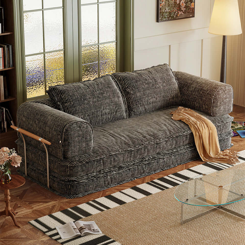 Modular foldable futon sofa bed with corduroy fabric, configurable as floor couch or sleeper
