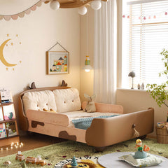 Holz-Kinderbett mit Kuh-Design, Sicherheitsgeländer & weicher Kopfstütze