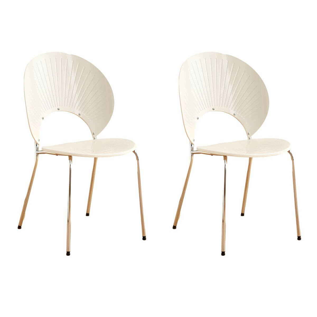 Stackable Scandinavian style dining chair with plastic seat, acrylic back, and silver legs