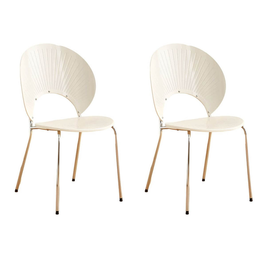 Stackable Scandinavian style dining chair with plastic seat, acrylic back, and silver legs