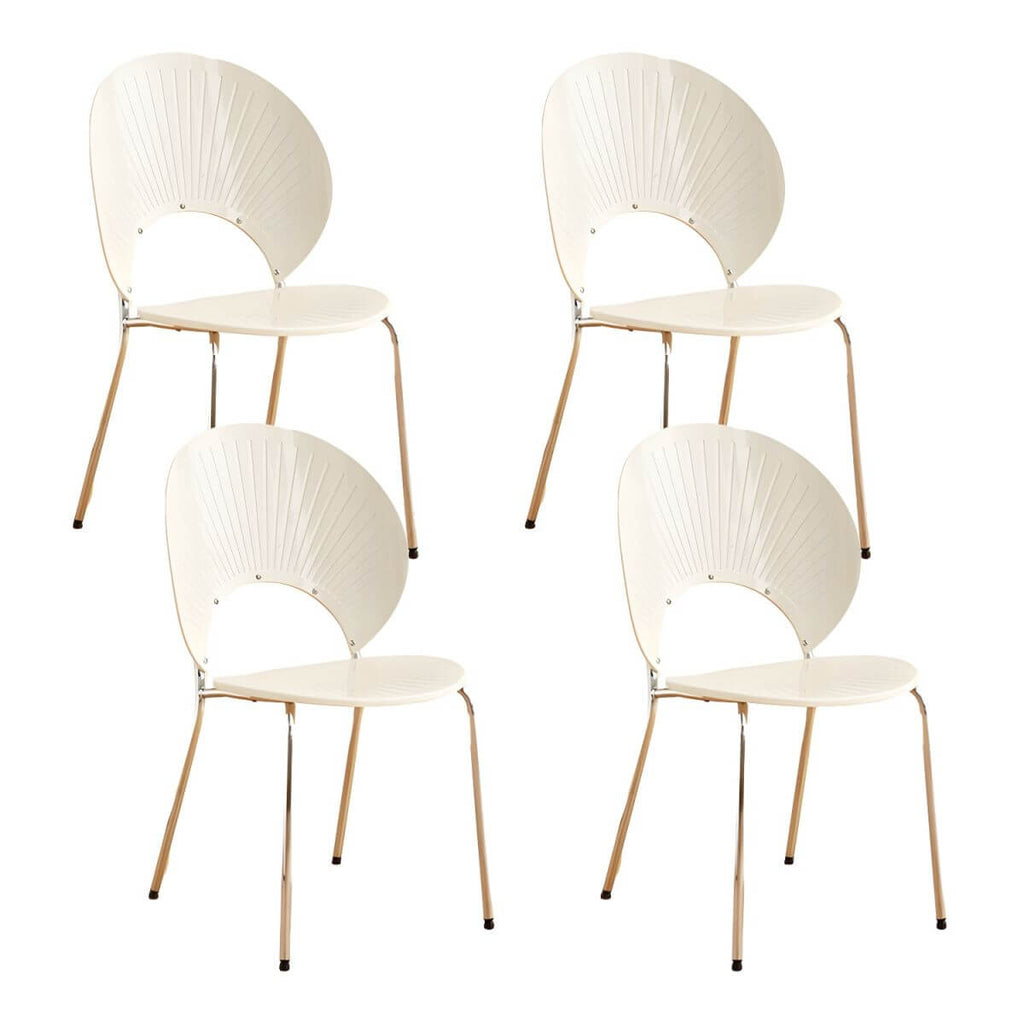 Stackable Scandinavian style dining chair with plastic seat, acrylic back, and silver legs