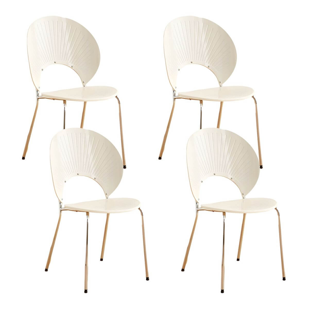 Stackable Scandinavian style dining chair with plastic seat, acrylic back, and silver legs