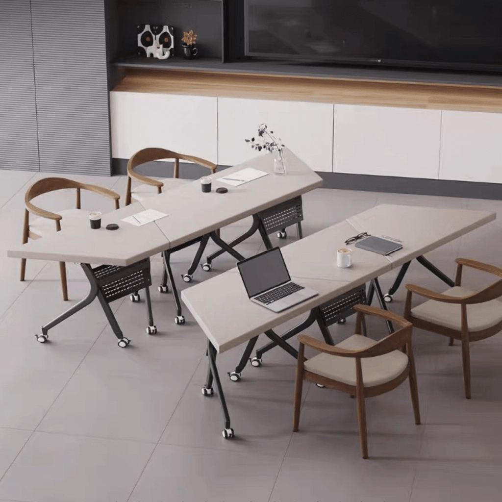 Solid wood multifunctional meeting table with geometric design and movable wheels