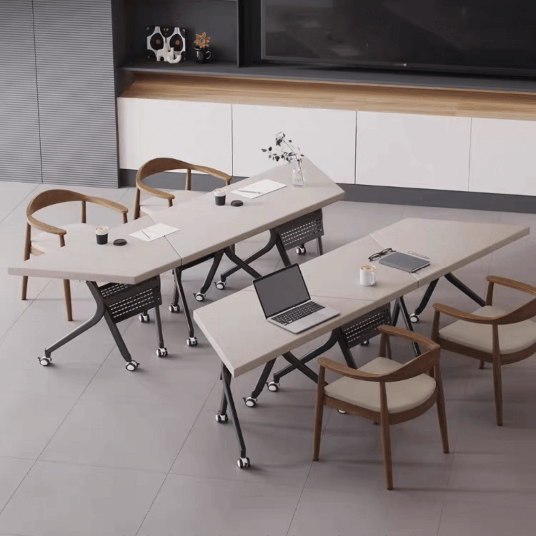 Solid wood multifunctional meeting table with geometric design and movable wheels