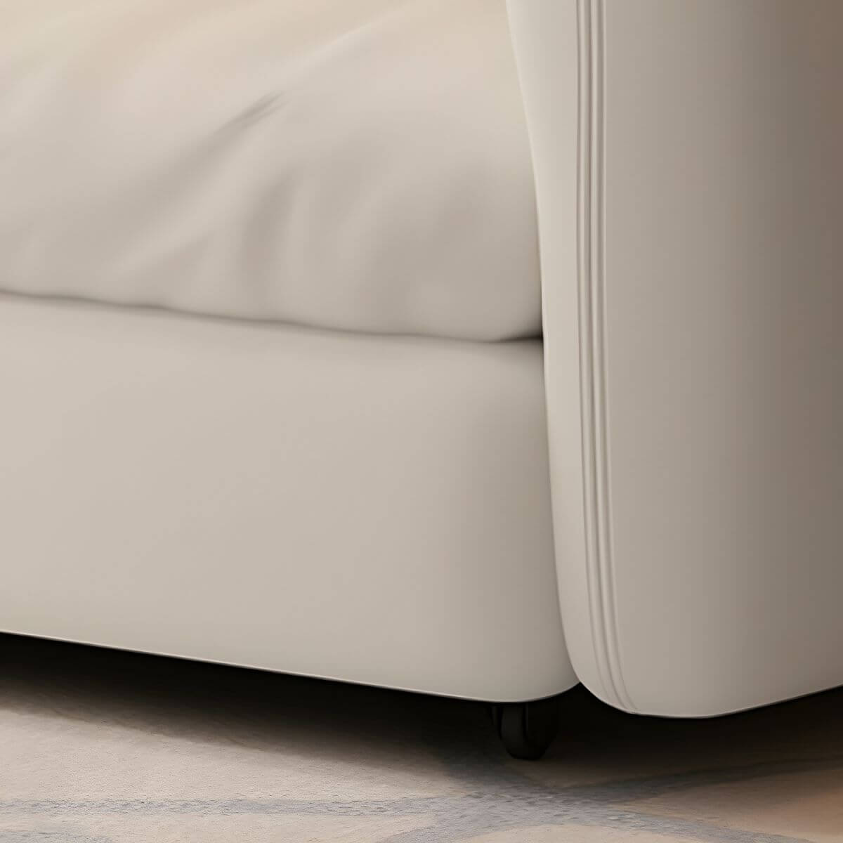 Modern white sleeper sofa with detachable mattress, casters, and black legs, 51 by 37 inches