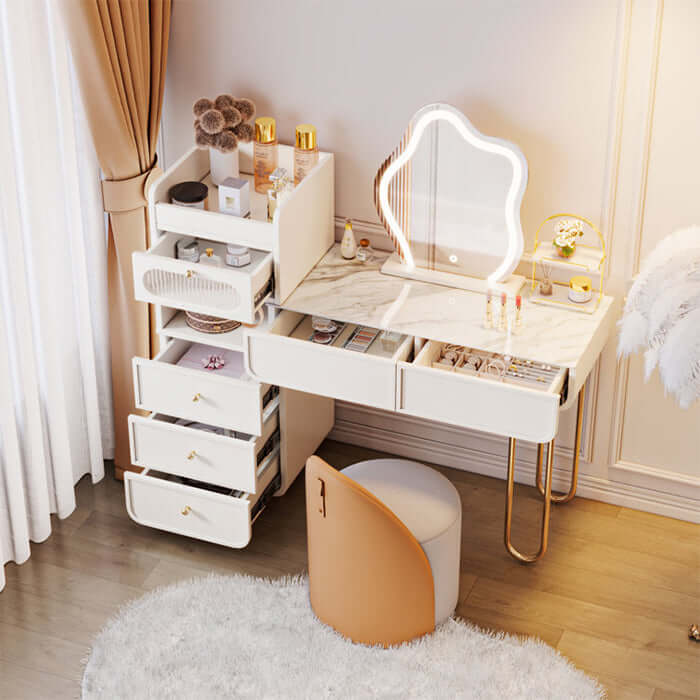 White makeup vanity with jewelry storage and multiple drawers for elegant organization