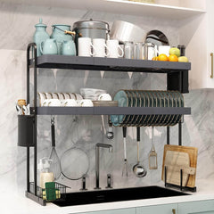 Over Sink Dish Drying Rack Stainless Steel 2 Tier Large Dish Drainer Above Sink Adjustable 27.5" - 34.6"