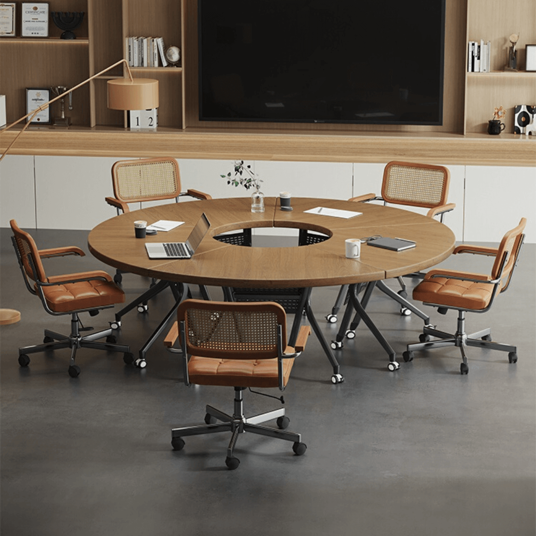 Foldable conference table with modern curve design and comfortable mesh chairs for meetings main product image