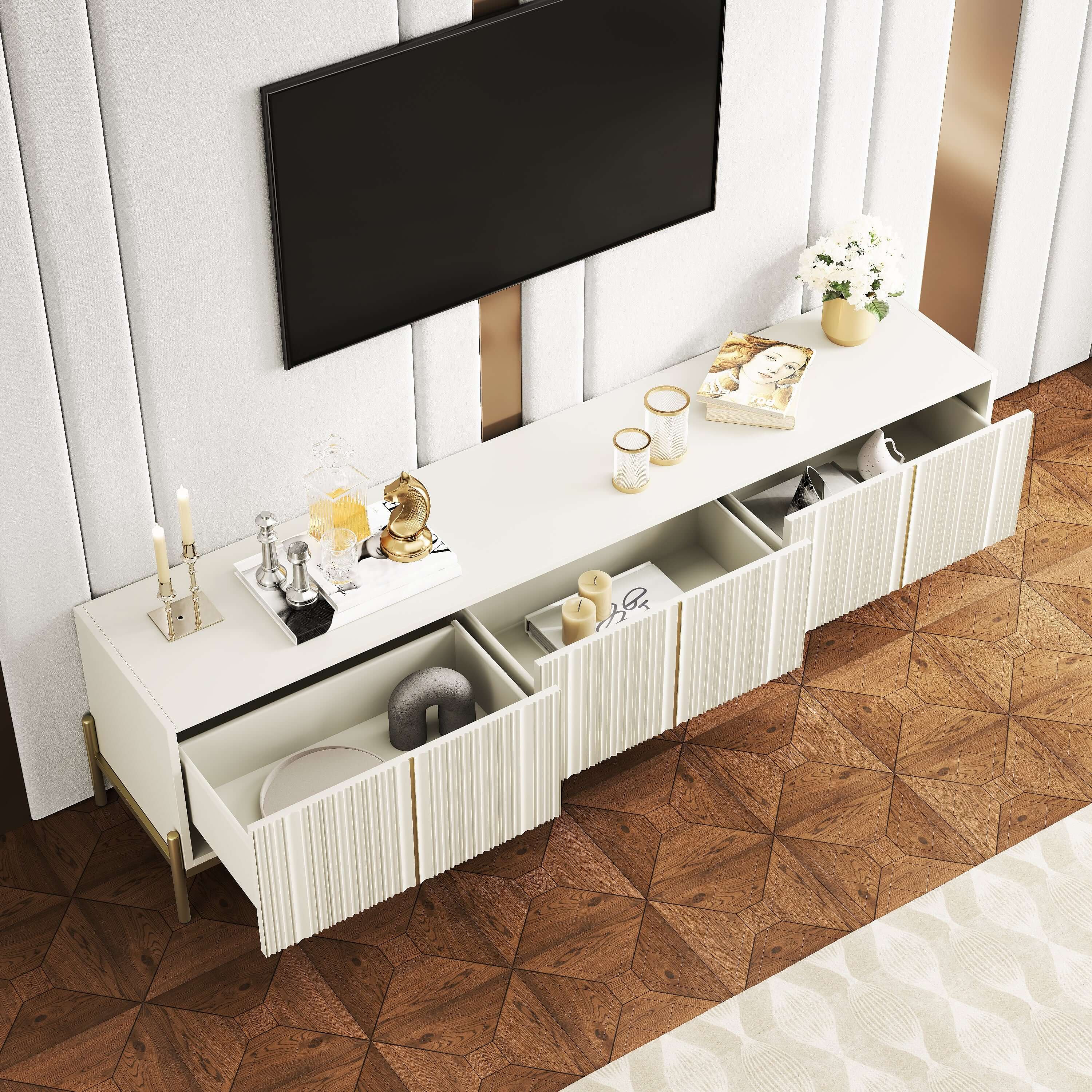 Beige TV stand with metal feet, 78.7 inches wide, featuring storage and entertainment center