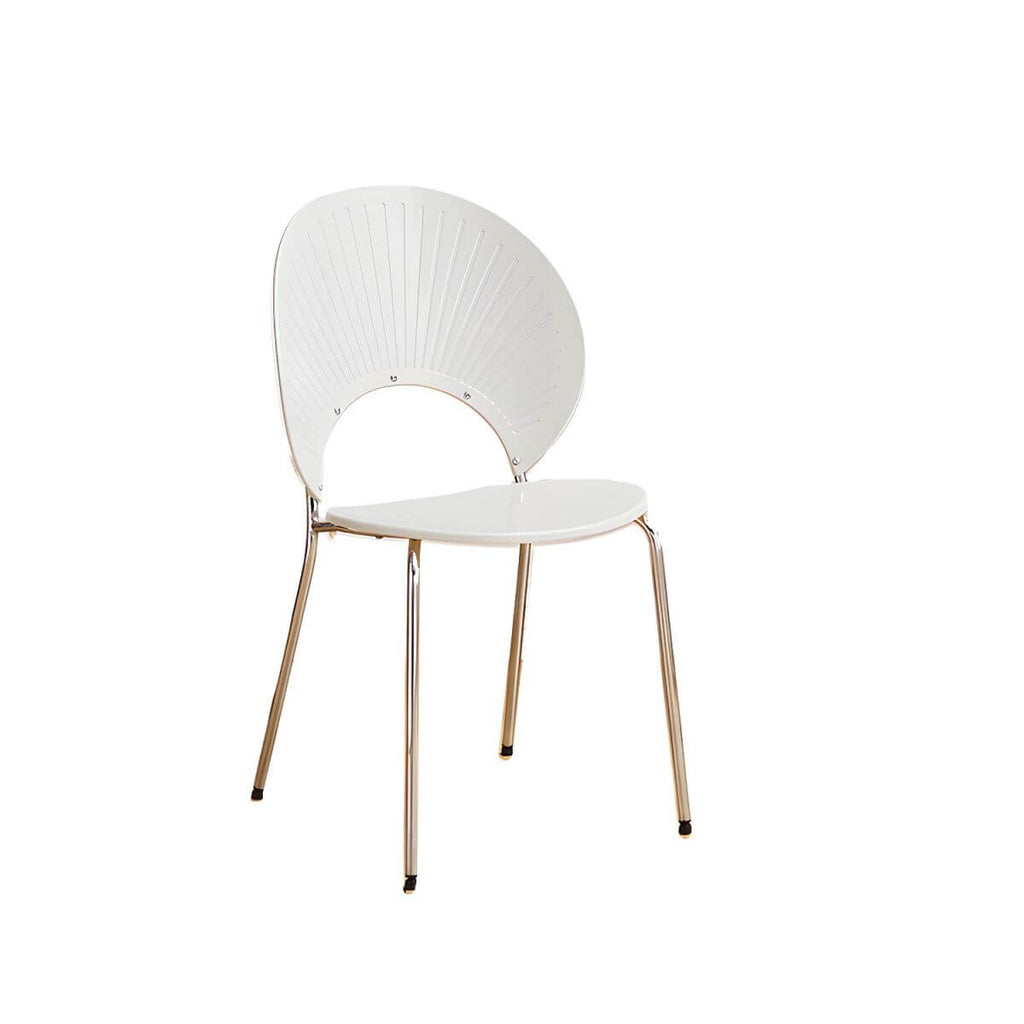 Stackable acrylic dining chair with open back and metal legs, armless design for modern dining rooms