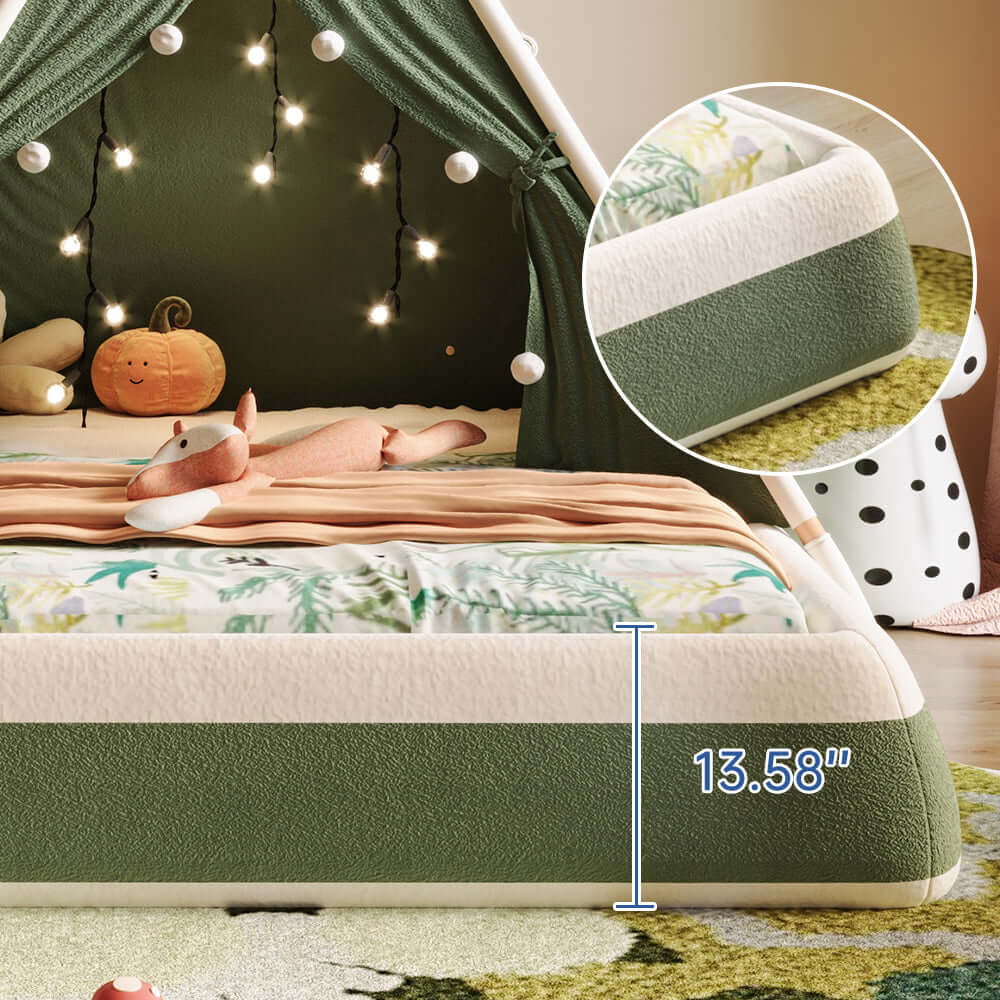 Christmas-themed upholstered kids tent bed providing a safe and festive play and rest space