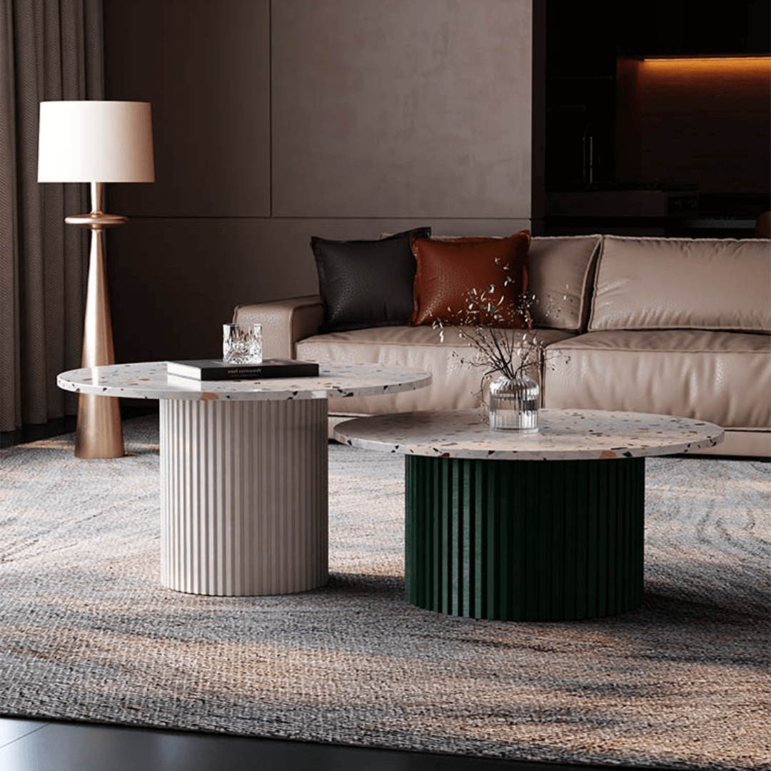 Terrazzo coffee table available in various color combinations, ideal for versatile home decor main product image Image principale du produit