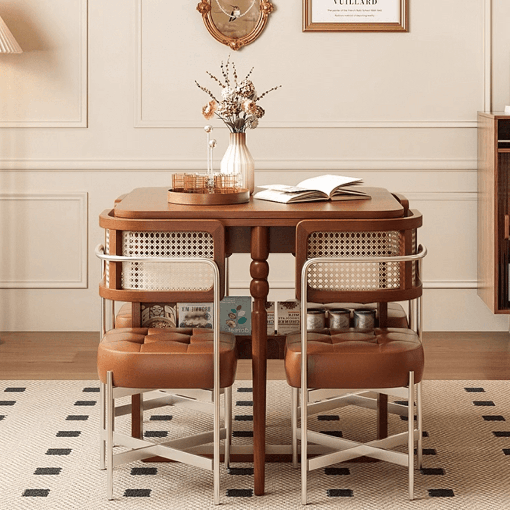 Scandinavian-inspired folding dining table with ample storage for stylish, space-saving home decor