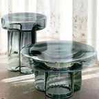 Cloud-shaped modern glass coffee table set with two pieces in vibrant orange, green, purple, and black