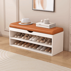 Modern white and orange shoe bench with upholstered seat and space-saving storage