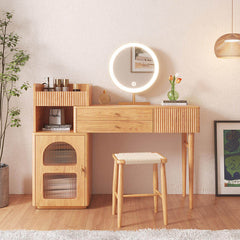 Wooden Makeup Dressing Table with Open Storage Space & Drawers & Cabinet