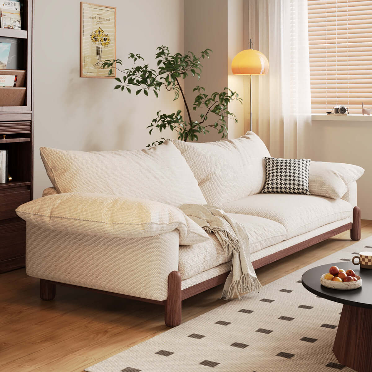 Wooden three-seater sofa with armrests offering oversized comfort and stylish design