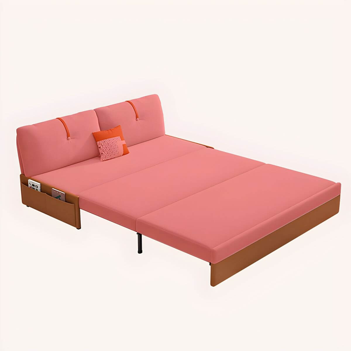 Orange polyester blend sleeper sofa with steel frame and casters, modern futon for versatile seating