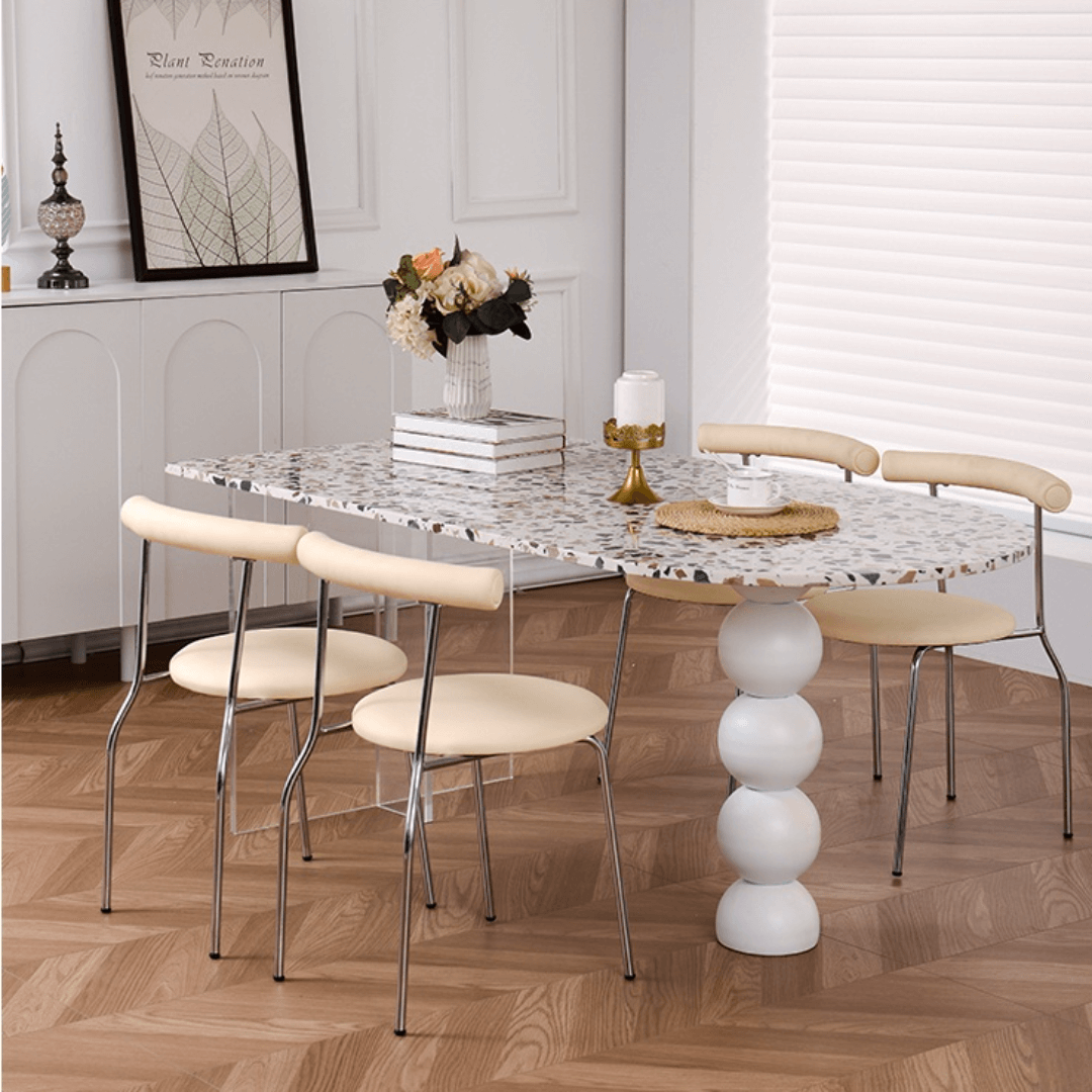 Half-elliptical terrazzo dining table with multicolor mosaic design, durable and stylish