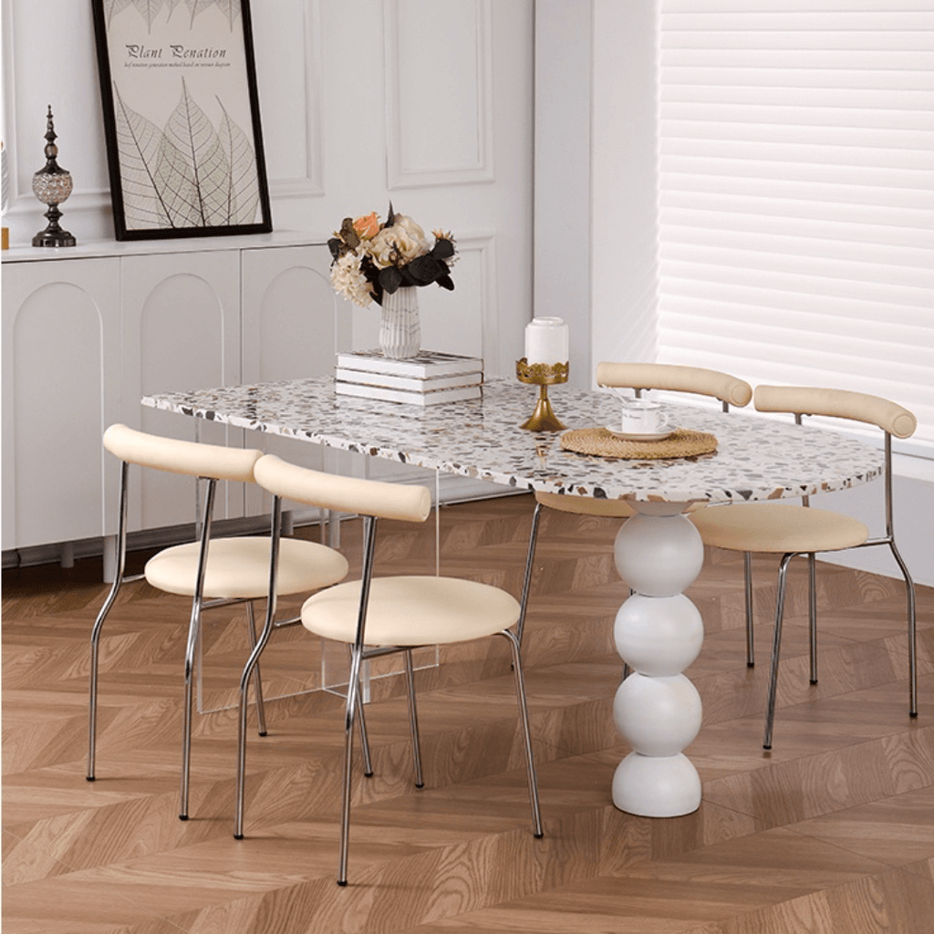 Half-elliptical terrazzo dining table with multicolor mosaic design, durable and stylish