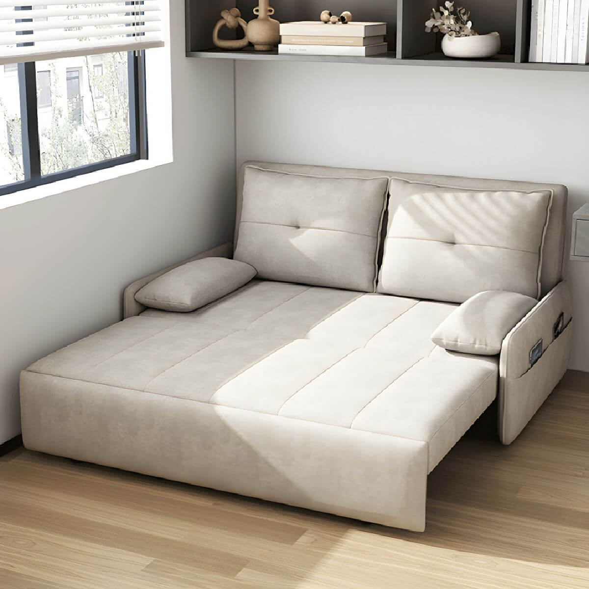 White polyester blend sleeper sofa with metal frame and casters, modern futon for versatile seating