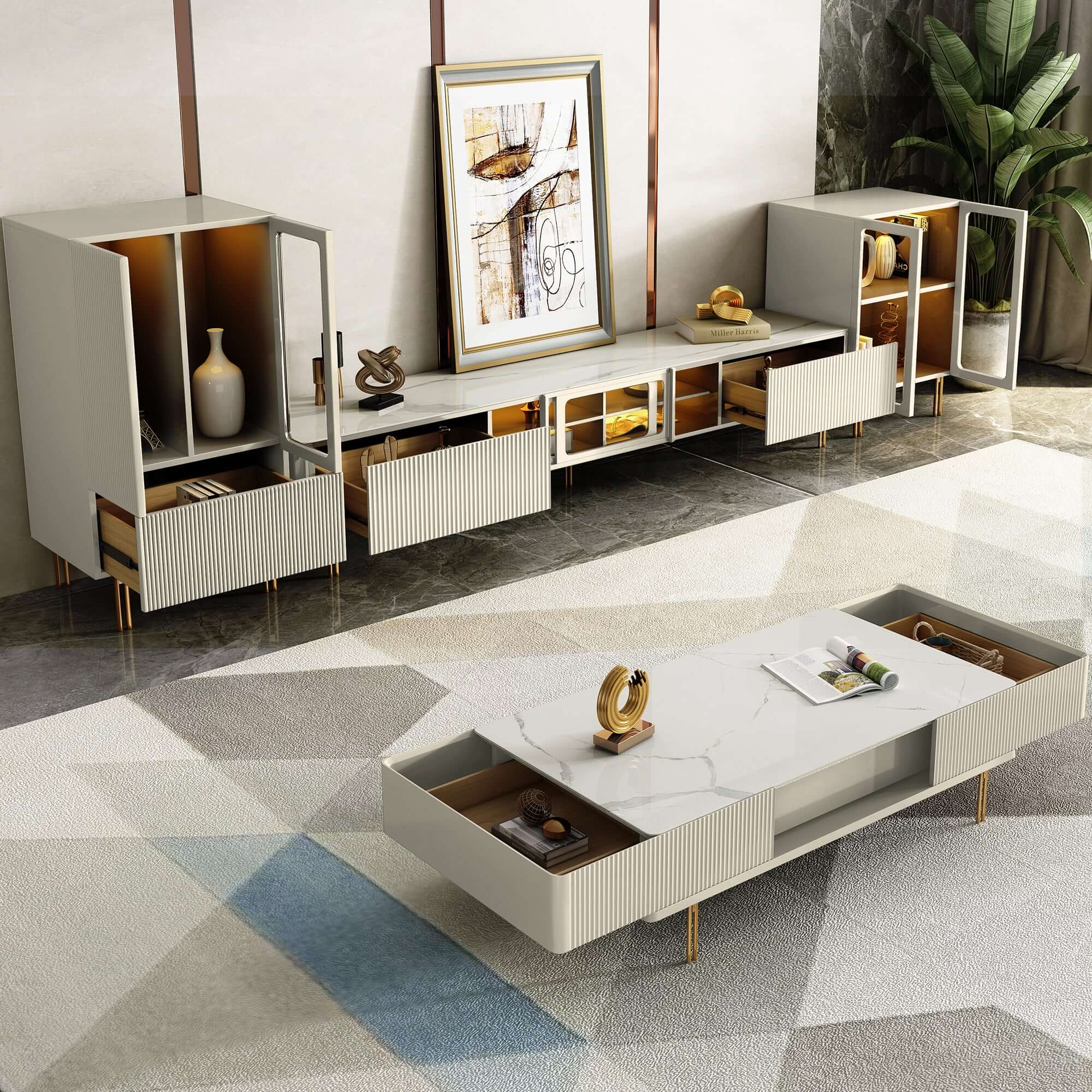 Modern 78.7-inch TV stand media console with drawers for stylish living room storage