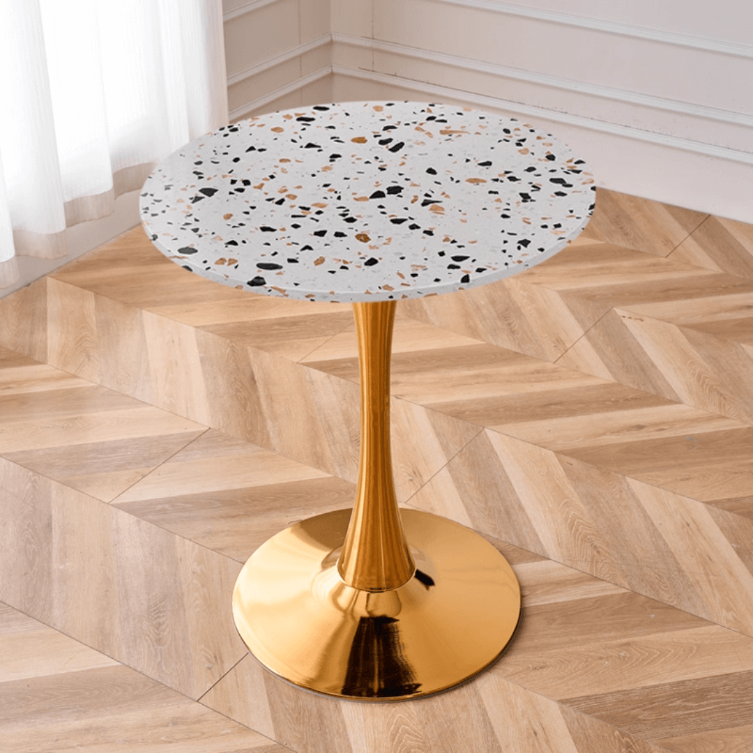 Modern marble table with sturdy metal base, perfect for adding a timeless aesthetic to any space
