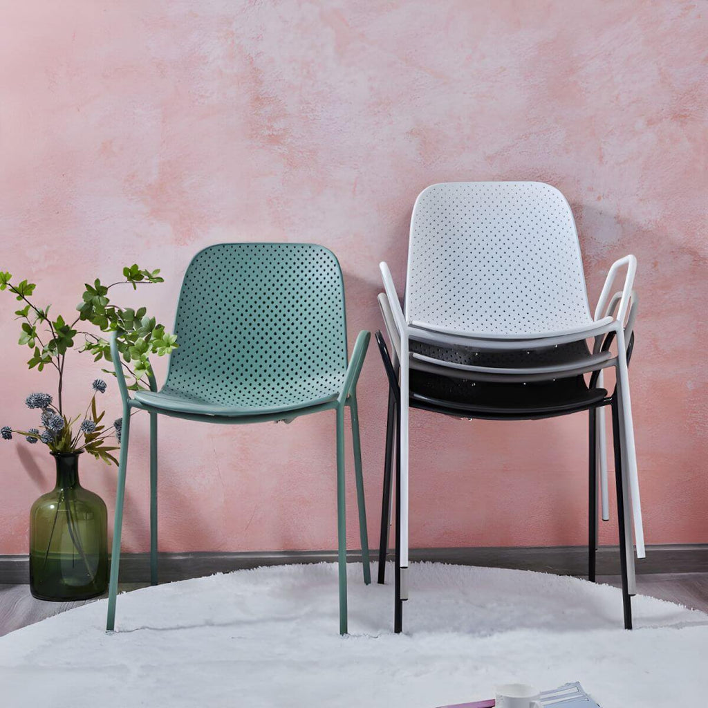 Scandinavian stackable kitchen chair with plastic and acrylic seat and metal legs