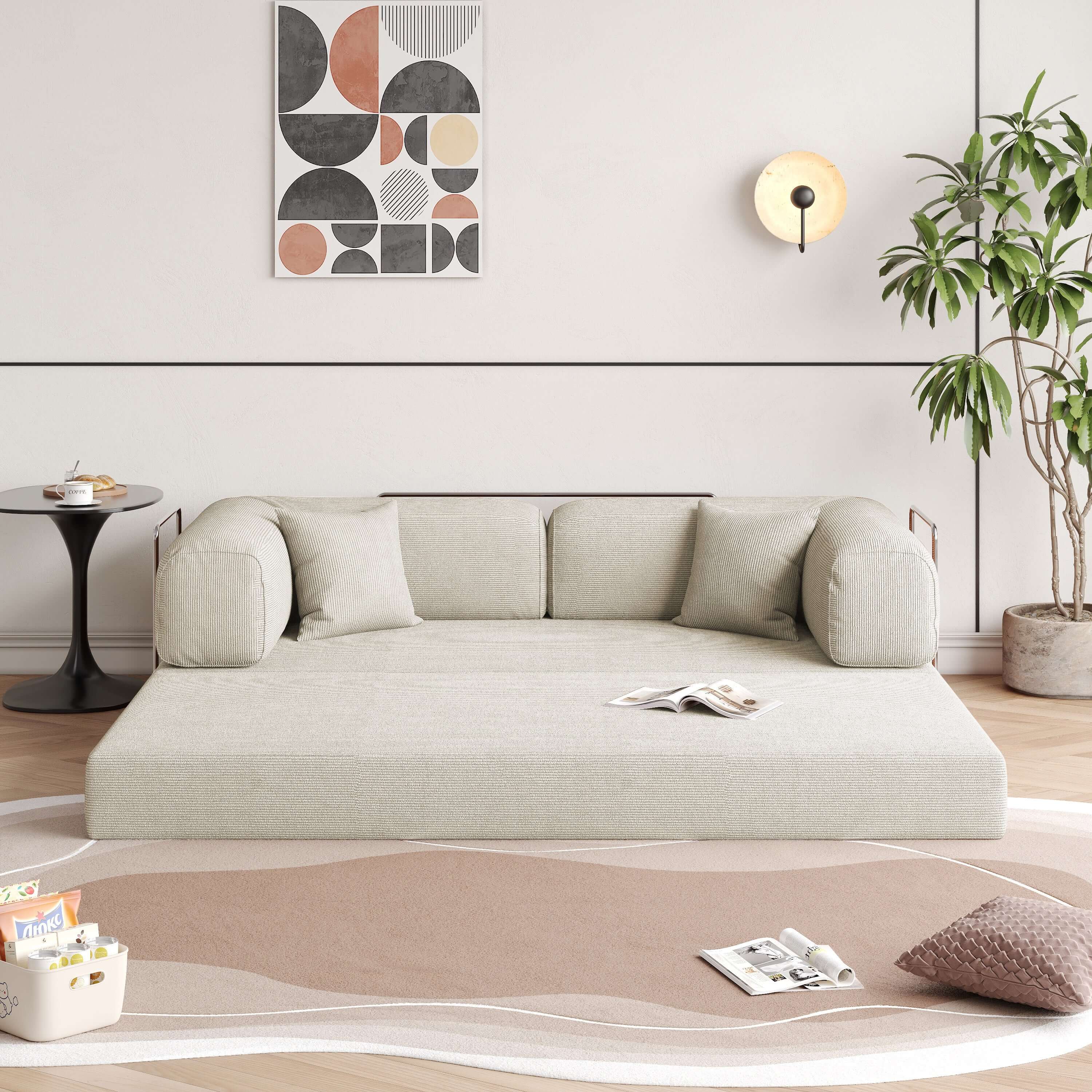 Convertible sofa bed upholstered with soft corduroy fabric, measuring 78.7 inches