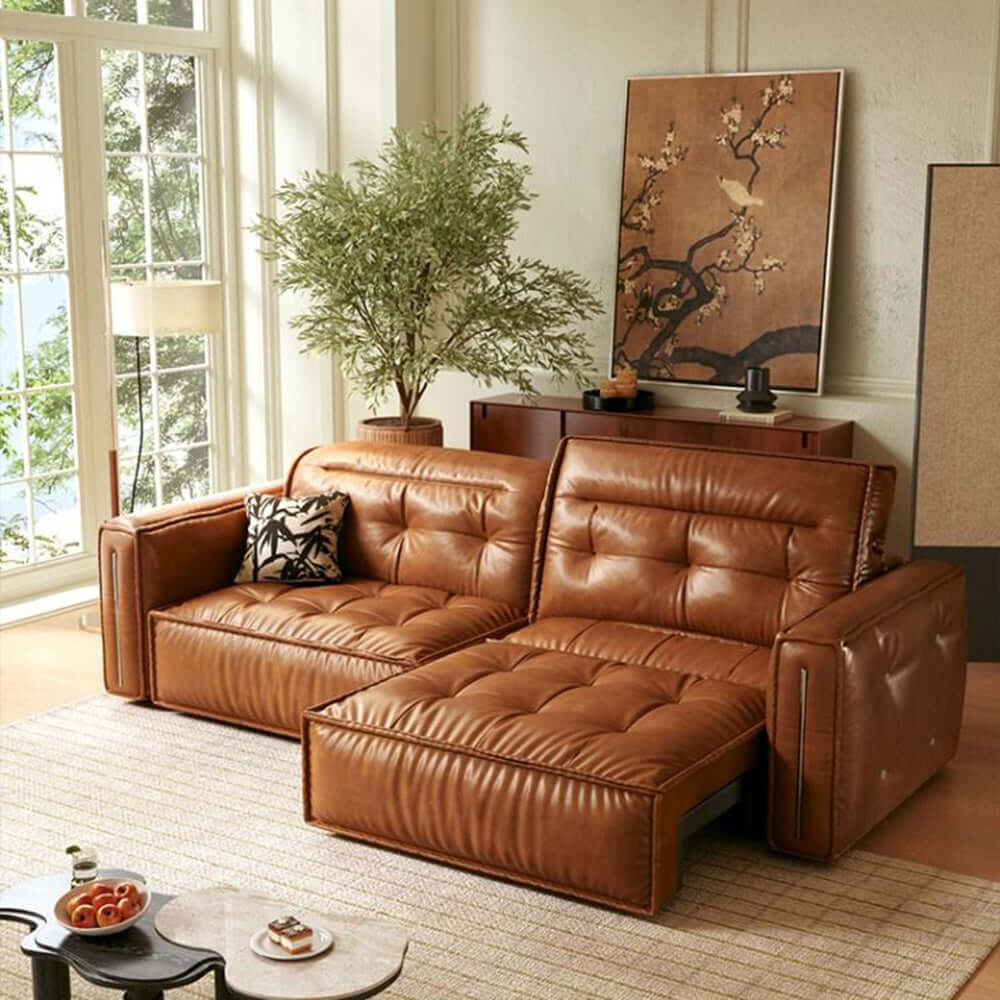 Retro leather pull out couch bed with electric smart remote, convertible for space-saving comfort