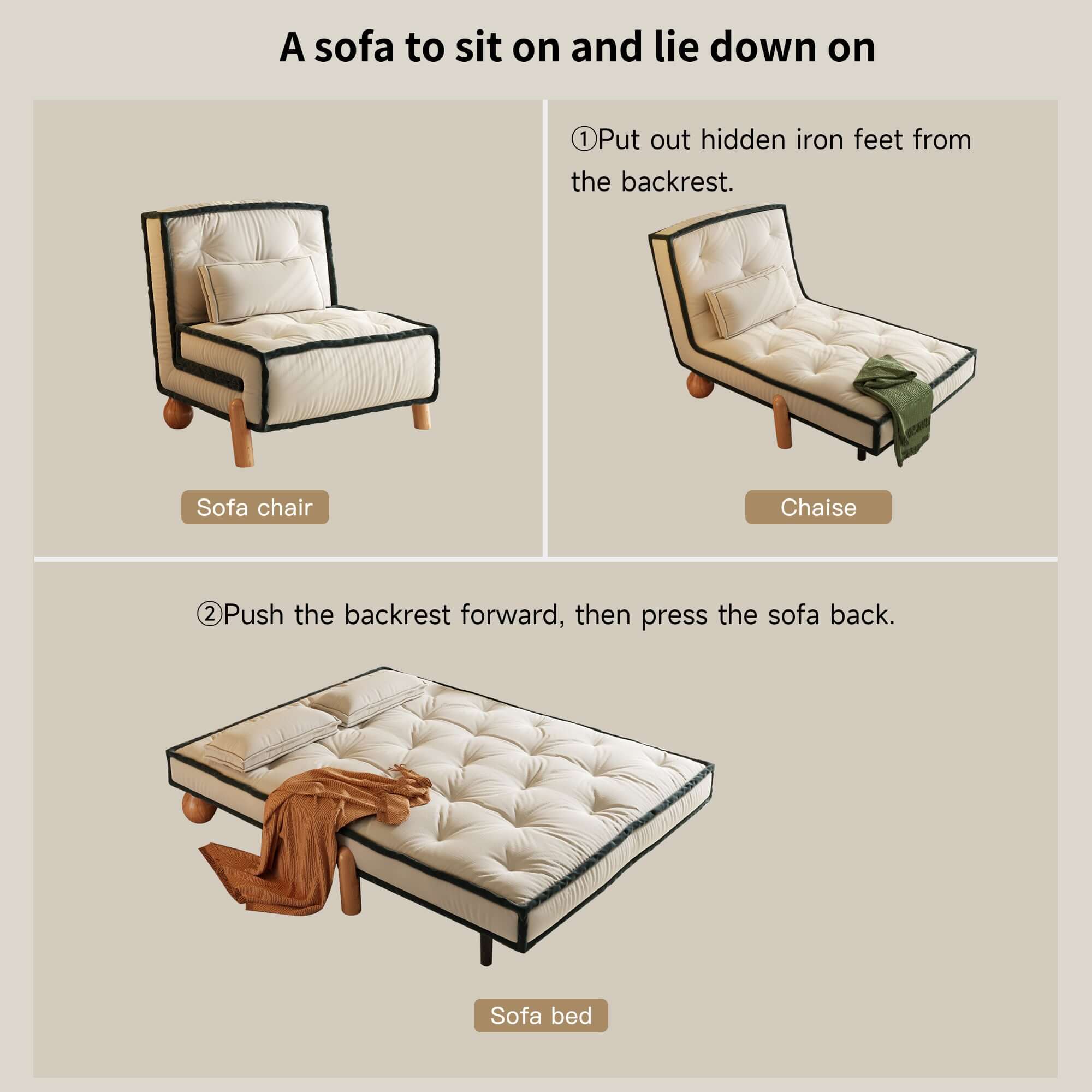 Single convertible armless sleeper sofa chair with solid wood legs for compact spaces