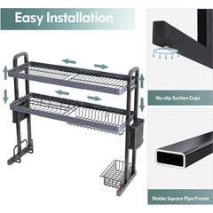 Over Sink Dish Drying Rack Stainless Steel 2 Tier Large Dish Drainer Above Sink Adjustable 27.5" - 34.6"