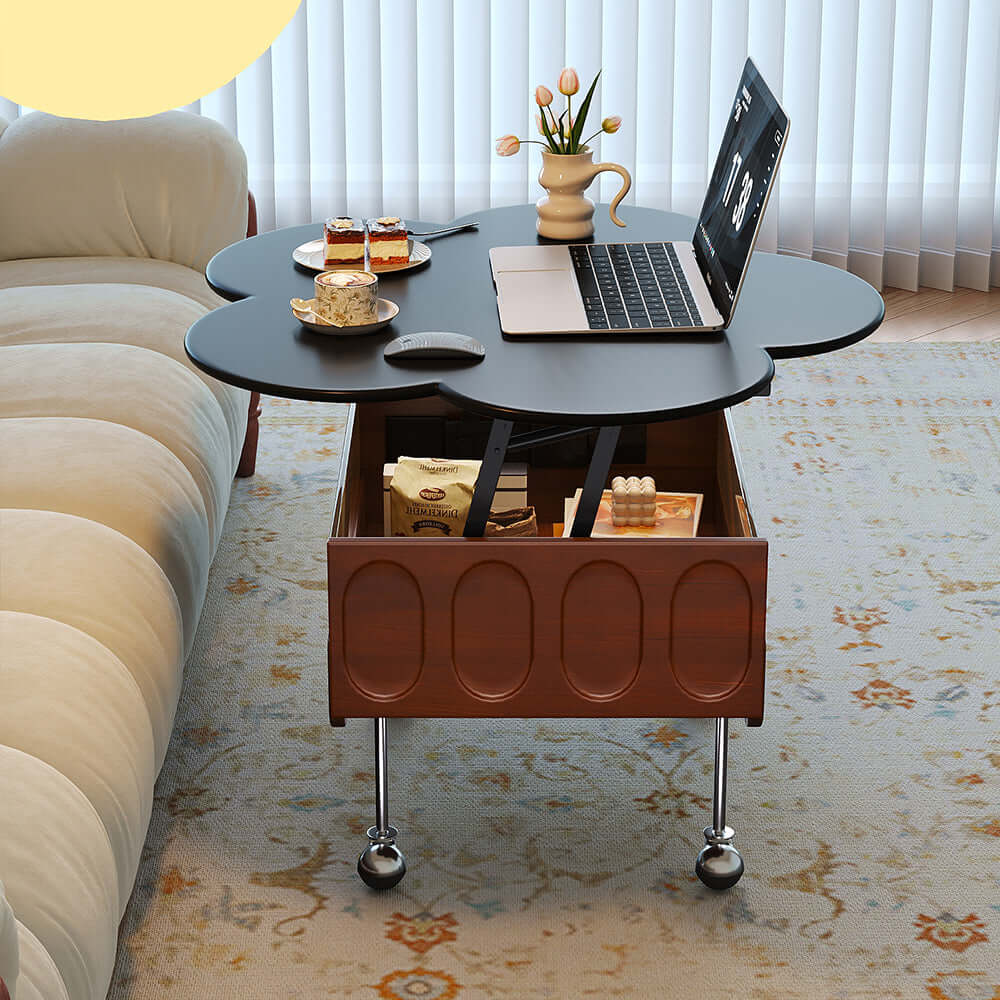 Movable retro coffee table with solid wood and adjustable petal design for living room