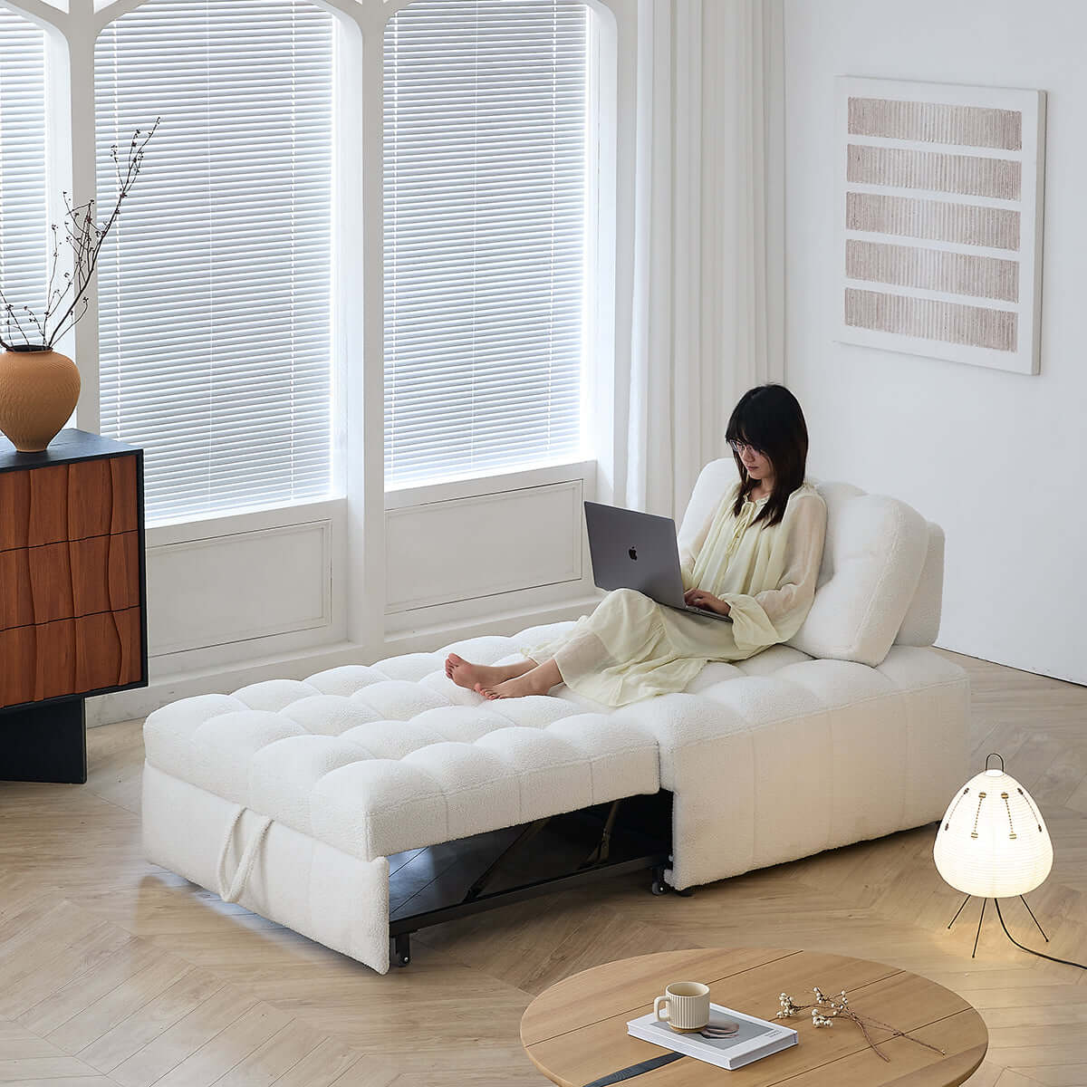 Cocochairs Teddy Fleece Lounge Sofa Bed – Cream White Pull-Out Sleeper for Small Spaces