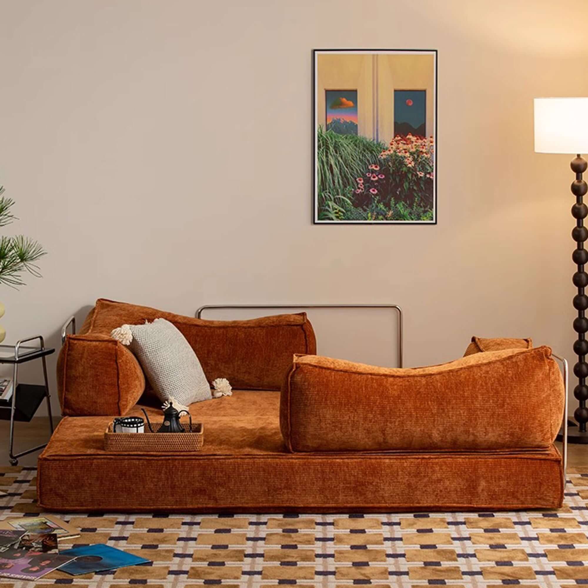 Compressed sofa bed with corduroy fabric and three stainless steel frames, DIY couch design