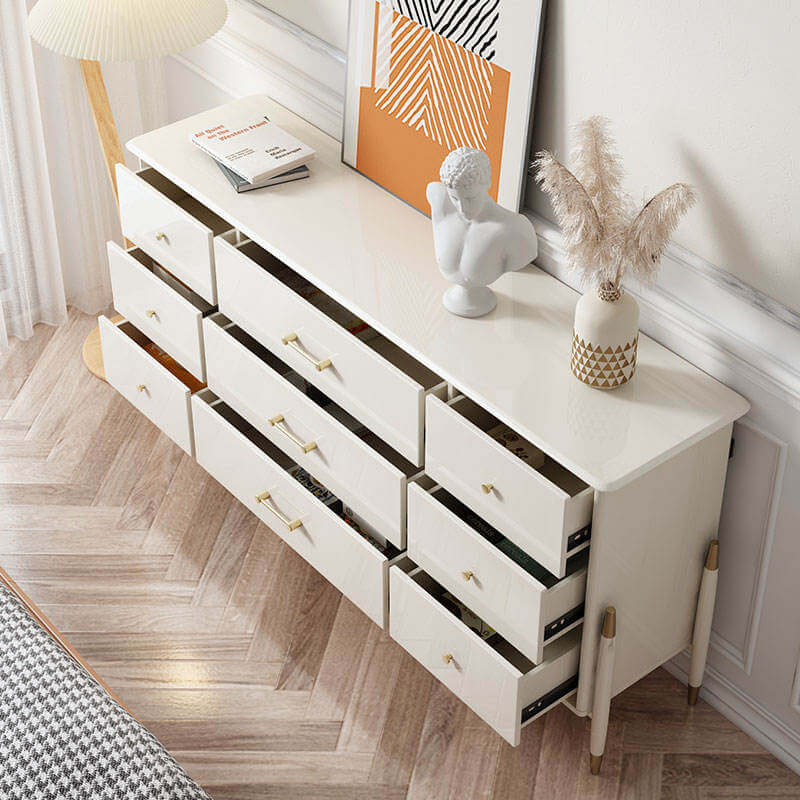 Beige storage cabinet featuring multiple drawers for organized home storage