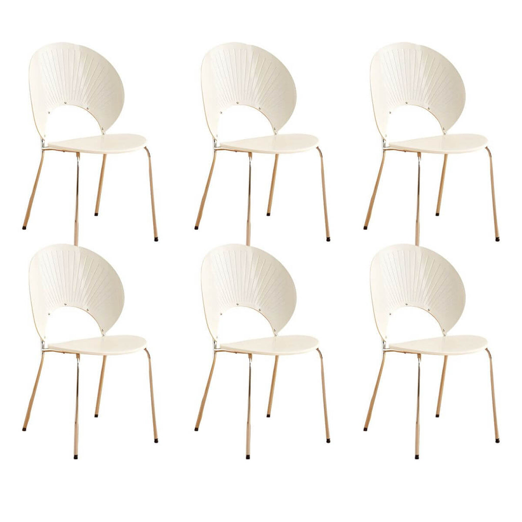 Stackable Scandinavian style dining chair with plastic seat, acrylic back, and silver legs