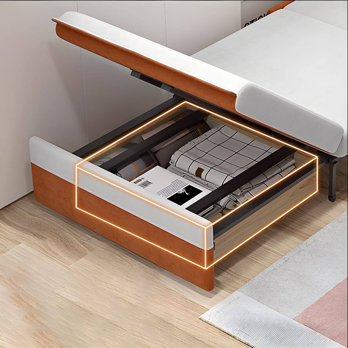 Orange polyester blend sleeper sofa with steel frame and casters, modern futon for versatile seating